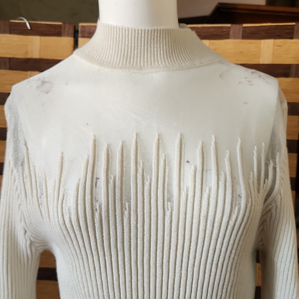 NWT ! Belldini Champagne Sheer Neckline Super Stretch Ribbed Top